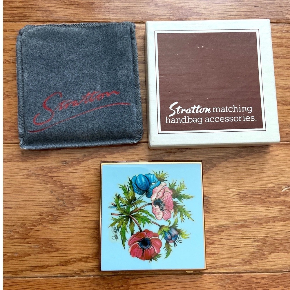 Vintage Stratton Mini Mirror Compact G Bree Signed Floral Enamel W Box England
